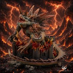 Estatua del Tarrasque de Dungeons & Dragons de Iron Studios, perteneciente a la colección Icons. Representa a la criatura entre torres destruidas y llamas, con una base temática integrada en la composición.