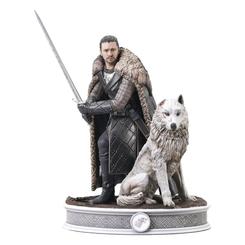 La fuerza legendaria del Norte cobra vida en esta impresionante estatua de PVC de 25 cm que retrata a Jon Snow en postura de combate, espada alzada y con su leal lobo huargo Ghost a su lado