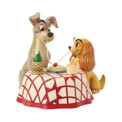 La emblemática escena de amor de Lady y el Vagabundo cobra vida en esta exquisita figura de Jim Shore, creada para conmemorar el 70.º aniversario de la película clásica de Disney.