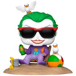 Risa malvada a pleno sol. Este Funko POP! Deluxe – Joker on the Beach muestra al Príncipe Payaso del Crimen descansando en su “trono” de arena, gafas de sol, crema en mano y gaviotas curioseando