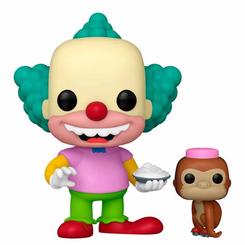 Payasadas televisivas con sabor a Springfield. La figura Funko POP de Krusty con Mr. Teeny luce el clásico traje de plató, nariz roja y una tarta de nata lista para el gag, acompañada por el inseparable chimpancé con gorrito rosa. 