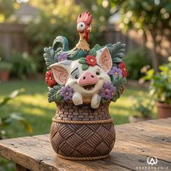 Parece una escena arrancada de una isla en flor y detenida justo en el mejor momento. La figura Disney Traditions Pua y Hei Hei reúne a los dos compañeros más entrañables de Vaiana en una pieza que transmite humor, color y un encanto