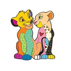 Con un toque de color y romanticismo, el artista pop Romero Britto reimagina a Simba y Nala de El Rey León en una obra de arte vibrante y llena de vida. Las colas entrelazadas de los jóvenes leones simbolizan el inicio de un amor eterno