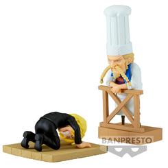 Un momento clave del Baratie, capturado en 8 cm. Este set de la World Collectable Figure –Log Series– de Banpresto reúne a Sanji arrodillado ante Zeff, una escena icónica que destila respeto y gratitud. 