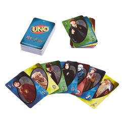 Juego cartas UNO Harry Potter en versión española, con 112 cartas, reglas de juego y 3 comodines personalizables. Para 2 a 10 jugadores a partir de 7 años.