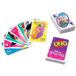 Juego cartas UNO Princesas Disney con 112 tarjetas e instrucciones. Mide aproximadamente 14,5 x 9,2 x 2 cm, pesa 170 g y presenta una colorida temática inspirada en las princesas Disney.