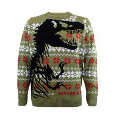 Precioso jersey de Navidad de T-Rex basado en la popular saga de Jurassic Park. Este simpático suéter está realizado en 100% acrílico. Pon un toque de magia a la temporada de Navidad