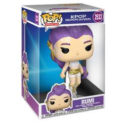 Figura Funko POP Jumbo de Rumi de KPop Demon Hunters, número 2533. Presenta al personaje con cabello morado, vestuario blanco y detalles dorados en el característico estilo de vinilo Funko POP.