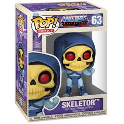 Figura de vinilo Funko POP de Skeletor de Masters of the Universe, identificada como POP! Comics número 63. Presenta su rostro de calavera amarilla, ojos rojos y característica capucha azul.