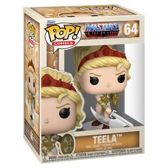 Figura de vinilo Funko POP de Teela de Masters of the Universe, identificada como POP! Comics número 64. Presenta su tocado rojo, vestimenta clara con detalles dorados, arma curva y escudo.