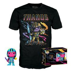 Pack compuesto por una camiseta de Thanos y una figura de Thanos  realizada en vinilo perteneciente a la línea Pop! de Funko. La figura tiene una altura aproximada de 9 cm., y está basada