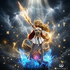 Una espada alzada, una silueta dorada y la magia de Etheria concentrada en un instante triunfal. La Masters of the Universe Estatua 1/10 Art Scale She-Ra Unleashed representa a la Mujer Más Poderosa del Universo con una pose vertical y majestuosa