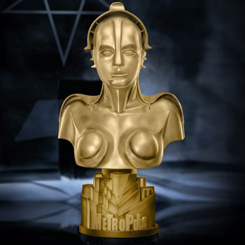 Descubre el impresionante busto de edición limitada de María, la icónica Maschinenmensch de *Metropolis*. Con un acabado metálico en color dorado, esta pieza exclusiva, limitada a solo 100 unidades