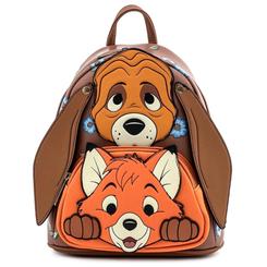 La ternura y la amistad eterna de Tod y Toby cobran vida en esta adorable mochila Loungefly, inspirada en el clásico animado de Disney. Con unas medidas aproximadas de 22,5 × 26,2 × 11,2 cm