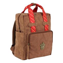 Orgullo Gryffindor en formato diario: la Mochila casual Gryffindor Harry Potter combina un cuerpo color cuero con asas tipo corbata rojo-dorado y el emblema de la casa al frente para un look elegante y reconocible. 