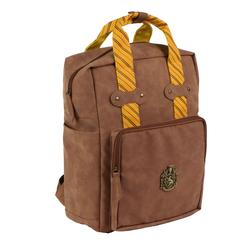 Lealtad Hufflepuff en formato diario: la Mochila casual Hufflepuff Harry Potter 35 cm combina cuerpo color cuero con asas tipo corbata amarillo-negro y el escudo metálico de la casa al frente para un look reconocible y elegante. 