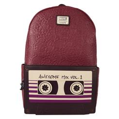 La mochila oficial de los Guardianes de la Galaxia de Loungefly fusiona nostalgia y estilo en un diseño que rinde homenaje a la icónica cinta “Awesome Mix Vol. 1” sobre una base de piel vegana granate con relieve de cohetes