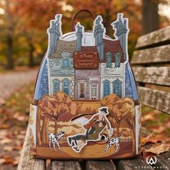 Las fachadas londinenses y la escena de Roger y Anita con los dálmatas convierten la Mochila Roger & Anita 101 Dalmatas Disney Loungefly en una mochila de 101 Dálmatas con una identidad visual muy marcada.