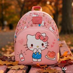 La Mochila Tiny Chum & Treats Hello Kitty Loungefly 26cm reúne a Hello Kitty, pequeños motivos de Tiny Chum y dulces en una composición rosa llena de detalles ilustrados.