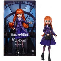 Muñeca coleccionable de Agnes DeMille de Monster High x Wednesday con uniforme morado de Nevermore, bolígrafo, bolso con forma de cuaderno y soporte para exposición.