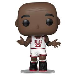 La figura POP Chicago Bulls Michael Jordan Shrug captura uno de esos gestos que ya forman parte de la cultura deportiva. El uniforme blanco con el 23, la pose de brazos abiertos y la caja con estética de parquet convierten esta figura de vinilo 