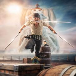 ¡Adéntrate en el peligroso mundo de los piratas con la imponente estatua Art Scale 1/10 de Roronoa Zoro, una escultura de resina de aproximadamente 19 cm que captura su técnica Santoryu