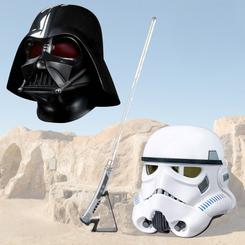 Descubre la emoción de portar auténticas réplicas electrónicas de los cascos más icónicos de Star Wars: el casco de Darth Vader y Obi-Wan Kenobi, el casco R1 de Stormtrooper Imperial y el sable de luz de Ahsoka Tano. 