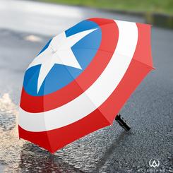 Enfrenta los días lluviosos con estilo y valentía usando el paraguas plegable de Marvel inspirado en el Capitán América. Confeccionado en 100% poliéster, este paraguas destaca por su estructura resistente de metal y PVC