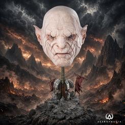 Réplica artística de Azog el Profanador de El Hobbit a escala 1/1. PureArts la presenta con piel de silicona, ojos de cristal y una base rocosa con su maza de guerra. Mide 54 x 24 x 29 cm.