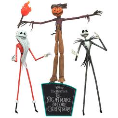 Descubrir la excelencia de este blister de tres figuras de la emblemática Pesadilla Antes de Navidad de Disney es disfrutar de la artesanía detallada en cada pieza de 18 centímetros, fabricadas por Diamond Select 