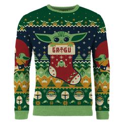 Grogu convierte la Navidad en una escena galáctica con esta sudadera navideña Star Wars Baby Yoda de diseño tejido y colores intensos. Su gran figura asomando desde un calcetín festivo ocupa el centro de la prenda, rodeada de numerosos guiños