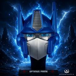 El azul intenso del casco y la máscara plateada dominan el Transformers Busto Optimus Prime, un busto réplica Optimus Prime Transformers concebido para mostrar de frente al líder de los Autobots.