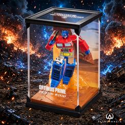 Diorama oficial de Optimus Prime de Transformers de 18 cm, con base de exposición, Matrix of Leadership oculta y cubierta acrílica extraíble con fondo gráfico.