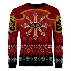 El rojo de la herejía prende esta sudadera navideña Warhammer 40,000 Chaos con una fuerza visual inmediata. La sudadera navideña Warhammer 40,000 Chaos convierte la estética oscura de los Dioses del Caos en una prenda festiva de punto