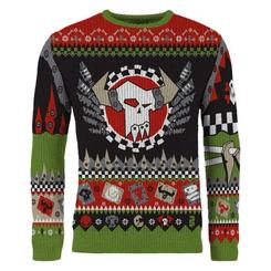 Un cráneo orko preside esta sudadera navideña Warhammer 40,000 Ork como si estuviera listo para declarar la Navidad en pleno campo de batalla. La sudadera navideña Warhammer 40,000 Ork mezcla humor salvaje