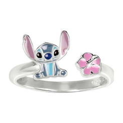 Anillo pie Stitch Disney en plata 925 con diseño abierto que incluye el pie esmaltado de Stitch y una flor de hibisco rosa, un accesorio original inspirado en el universo Disney.