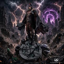 Estatua de Magneto de Avengers: Doomsday a escala 1/4 con 70 cm de altura, fabricada en resina y edición numerada. La base incluye cascos de Sentinel y simula un suelo agrietado, reflejando la fuerza del personaje.