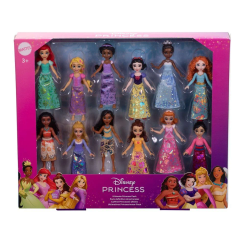 Blister con 12 figuras articuladas de las Princesas Disney en formato pequeño para niños a partir de 3 años. Cada muñeca luce su traje característico y permite recrear escenas o inventar nuevas aventuras.