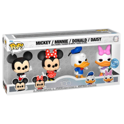 Blister con 4 figuras POP de Mickey, Minnie, Donald y Daisy en vinilo, edición especial por el 100 aniversario de Disney. Set compacto ideal para coleccionar y exponer.