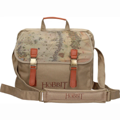 Bolso bandolera de tela con el mapa de El Hobbit, mide 33x30x5 cm y presenta detalles en marrón con el logo bordado. Diseño canvas inspirado en El Señor de los Anillos para uso diario con estilo.