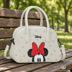 Bolso Bowlogue Minnie Disney de tamaño compacto 22,5x14,5x9,8 cm fabricado en PU con diseño frontal de Minnie Mouse y su lazo rojo sobre fondo blanco con motivos de Mickey.