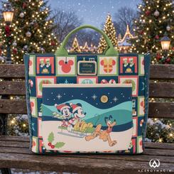 Bolso mochila Mickey &amp; Minnie Holiday Disney Loungefly de 33x27,9x7,6 cm en cuero sintético con detalles bordados y estampados navideños. Se convierte fácilmente de mochila a bolso para mayor versatilidad.