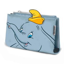 Cartera Dumbo Disney con diseño del elefante y su sombrero amarillo sobre fondo azul, tamaño compacto y cierre de cremallera para uso diario.
