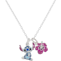 Colgante Charm Stitch Disney en plata 925 con detalles esmaltados en azul y rosa. Incluye charms de Stitch y una flor tropical, ideal para fans del personaje y coleccionistas de Disney.