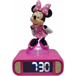 Despertador digital con luz nocturna inspirado en Minnie Disney, con 6 tonos de llamada, volumen ajustable y función de repetición. Incluye figura de Minnie y pantalla LCD atenuable para un sueño sin molestias.