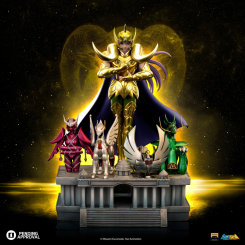 Figura Aries Mu de Saint Seiya a escala 1/10 en resina con armadura dorada y base del Santuario de Atenea, parte de la línea Deluxe Art Scale.