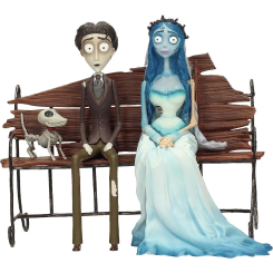 Figura Emily y Victor La Novia Cadaver a escala 1/10 con unas medidas de 12,8x15,48x10,11 cm. Incluye a Victor, Emily y Zero sentados en un banco de ataúd, esculpida y pintada con gran detalle.
