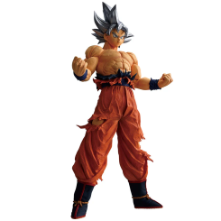 Figura Ichibansho Son Goku Ultra Instinct Dragon Ball Z de 25 cm que muestra a Goku en postura desafiante con su característico pantalón naranja desgarrado y cabello plateado, ideal para coleccionistas de anime.