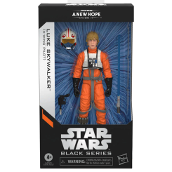 Figura Luke Skywalker A New Hope Star Wars Black Series de 15 cm con tres accesorios, incluyendo casco, bláster y sable de luz. Representa al piloto de X-Wing en su traje naranja de Star Wars: Una nueva esperanza.