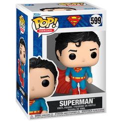 Figura POP DC Comics Superman en vinilo con pose de vuelo y capa roja. Presentada en caja regalo, mantiene el estilo característico de las figuras POP con detalles del traje y base transparente.